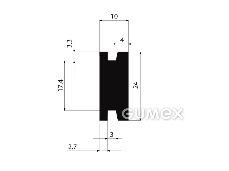 Pryžový profil tvaru "H", 24x10/3/3mm, 60°ShA, NBR, -40°C/+70°C, černý